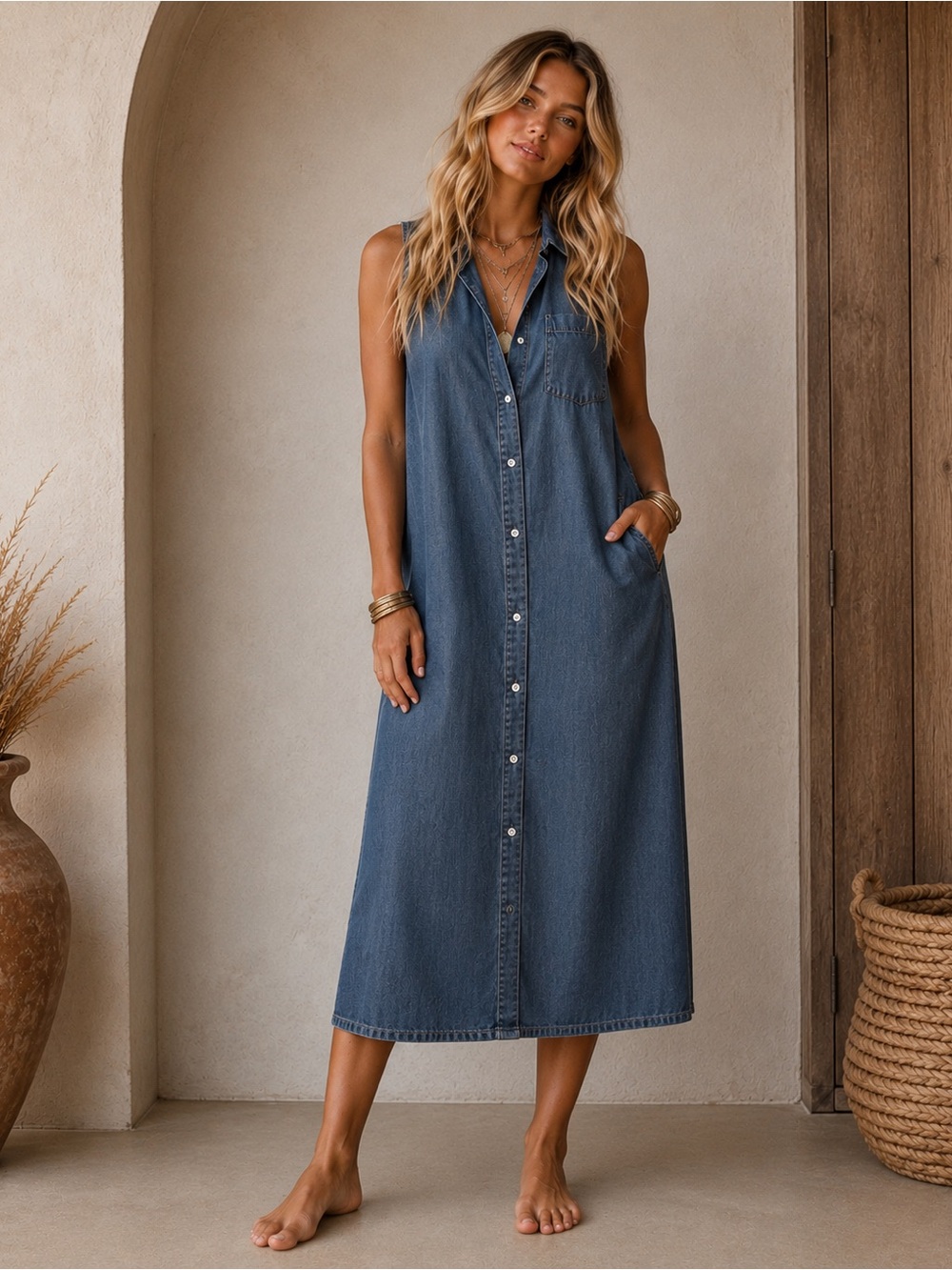 easel Sleeveless Button-Front Midi Dress - Denim Blue